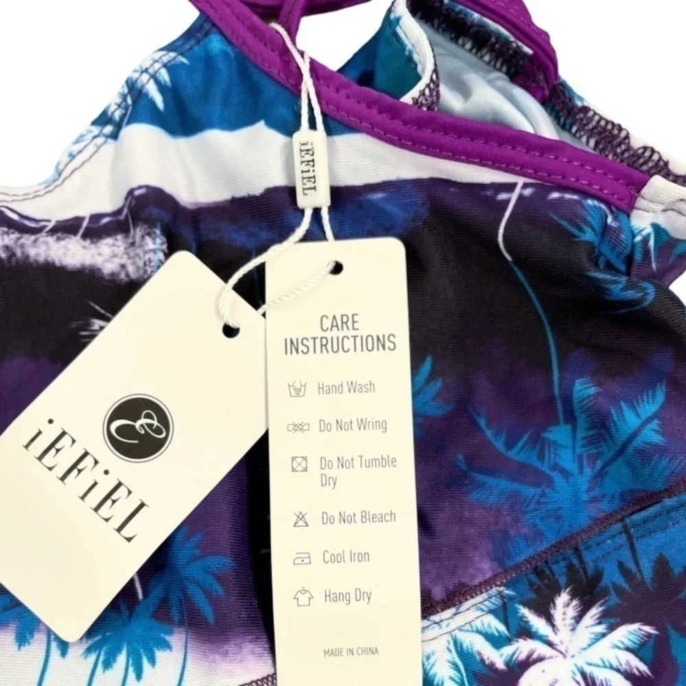 Iefiel Girls Med Swimsuit Tankini Tropical Palm Flounce Top Brief Blue Purple
